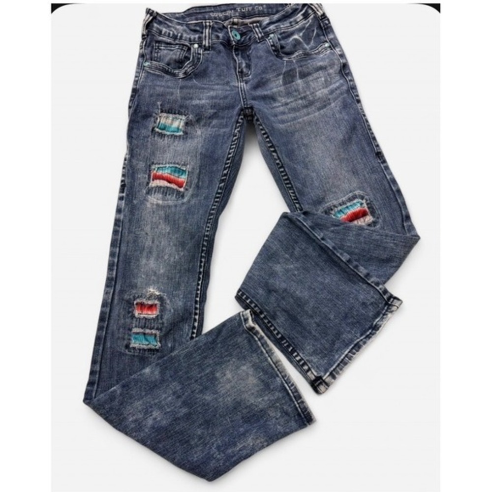 Cowgirl Tuff 26x35 Serape Patchwork Jeans Blue‎ Western Rodeo Cowgirl Bootcut